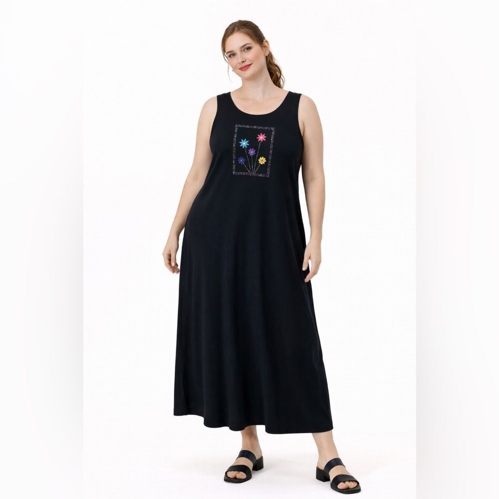 c.s.t. Sport Vintage Women's Embroidered Floral Maxi Dress Black Multi Color XL